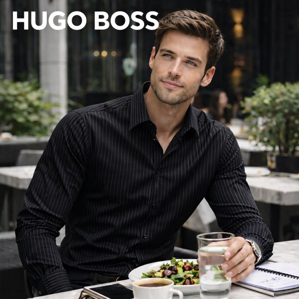 HUGO BOSS,PINSTRIPE DRESS SHIRT SIZE 17.5 32-33 CLASSIC FIT BUSINESS FORMAL